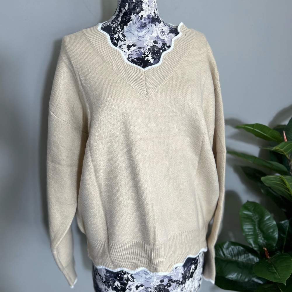 Knit beige cream v neck tight knit sweater